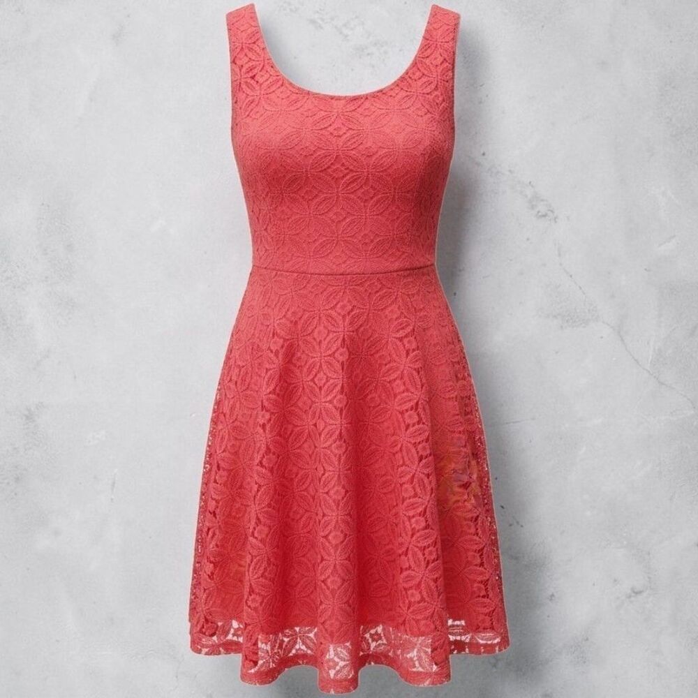 Xhilaration Skater Dress Womens XL Red Lace Overlay Scoop Neck Twee Boho-Glam
